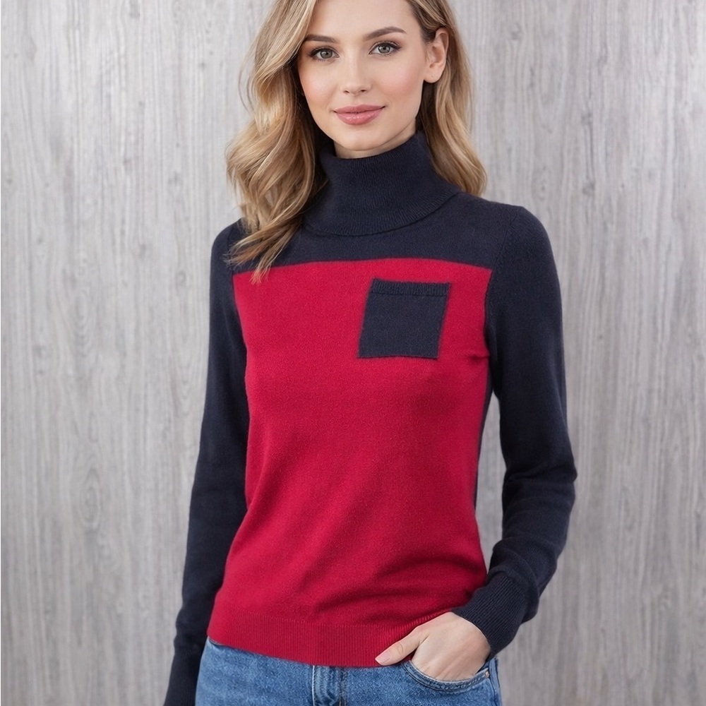 KIER + J Red & Charcoal Merino Wool Turtleneck Sweater Size Medium Colorblock